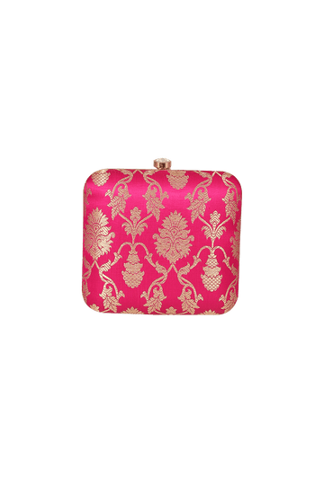 Fuschia Brocade Box Clutch with Sling (6.5 X 2 X 6)